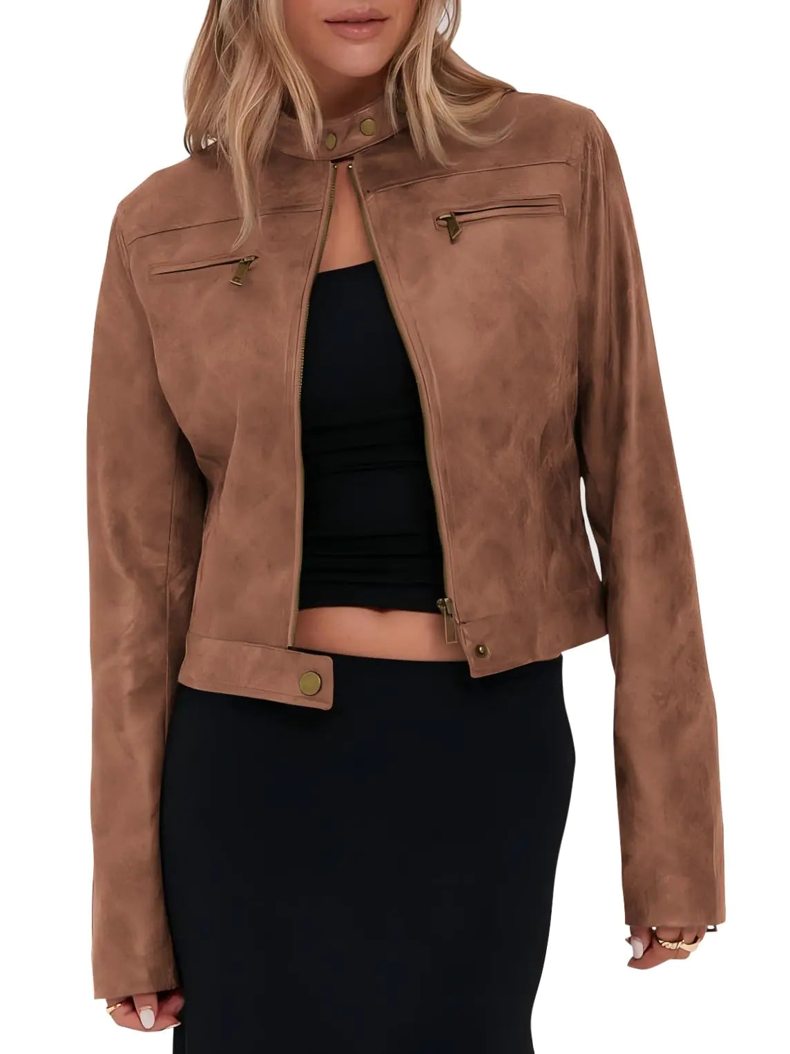 Onedreamer Womens Faux Leather Cropped jackets Casual Vintage Zip Up Stand Collar Motorcycle Short Coat Jacket