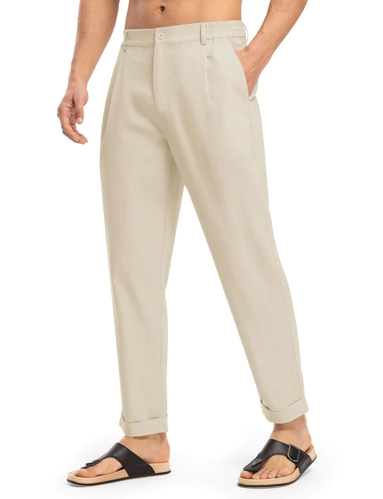 Lightweight Slim Fit Cotton Linen Pants Elastic Waist with Pockets Light Khaki