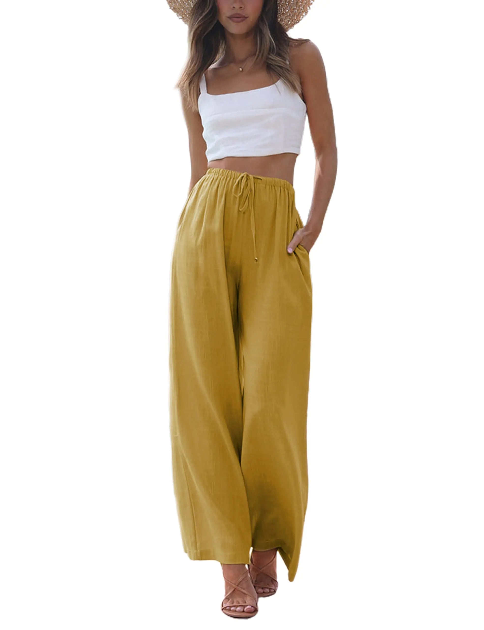 Faleave Womens Cotton Linen Palazzo Pants Flowy Wide Leg Beach Trousers with Pockets(Yellow-XS)