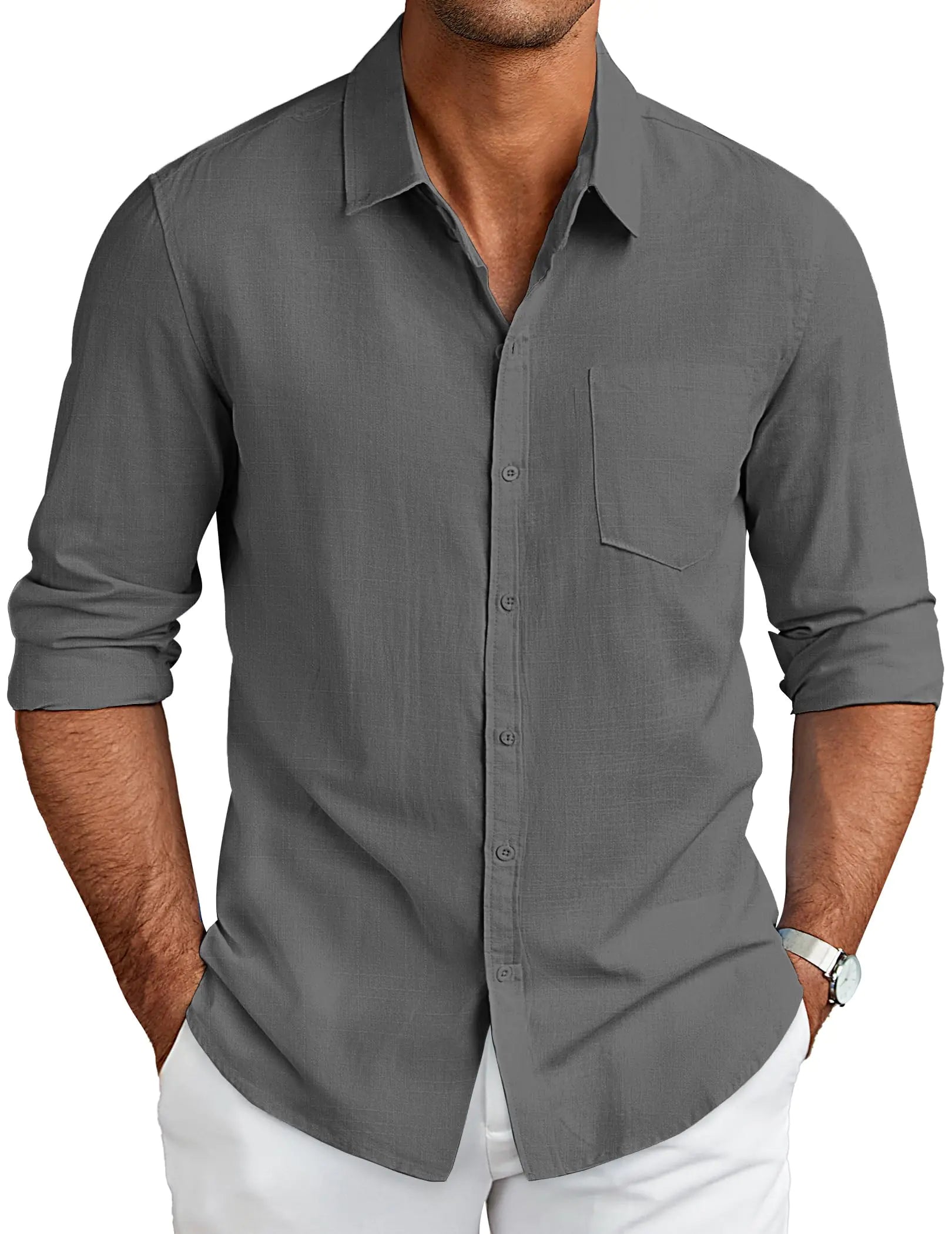 Long Sleeve Button Down Shirts Cotton Linen Shirts Dark Grey