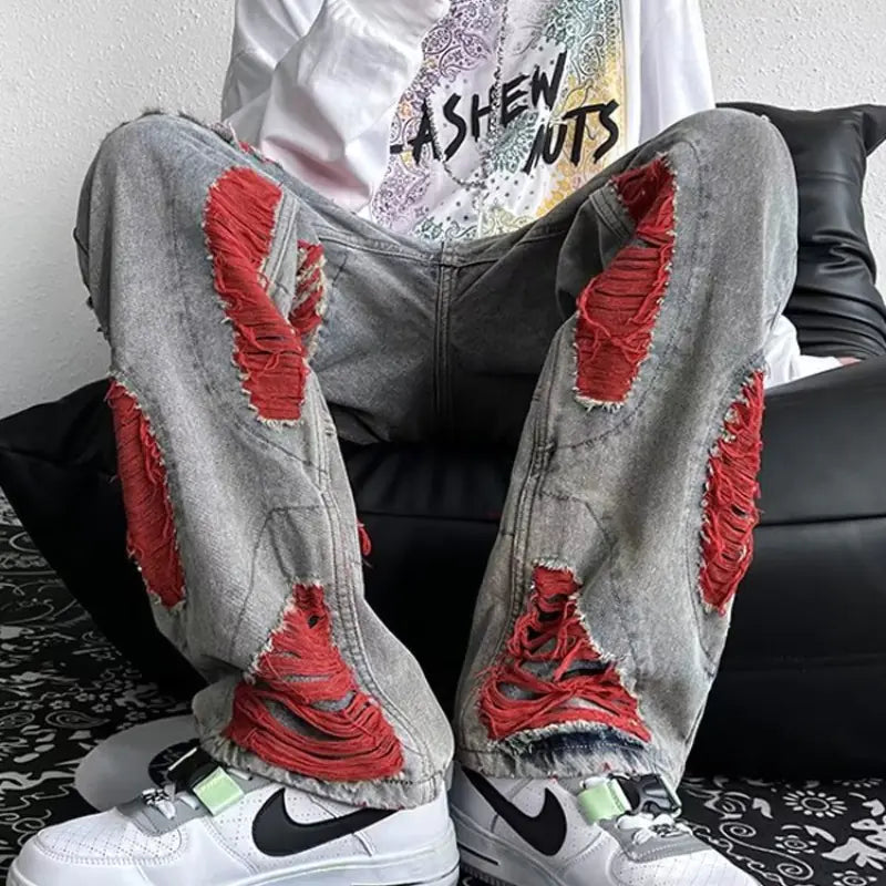 Embroidered Ripped Denim Pants
