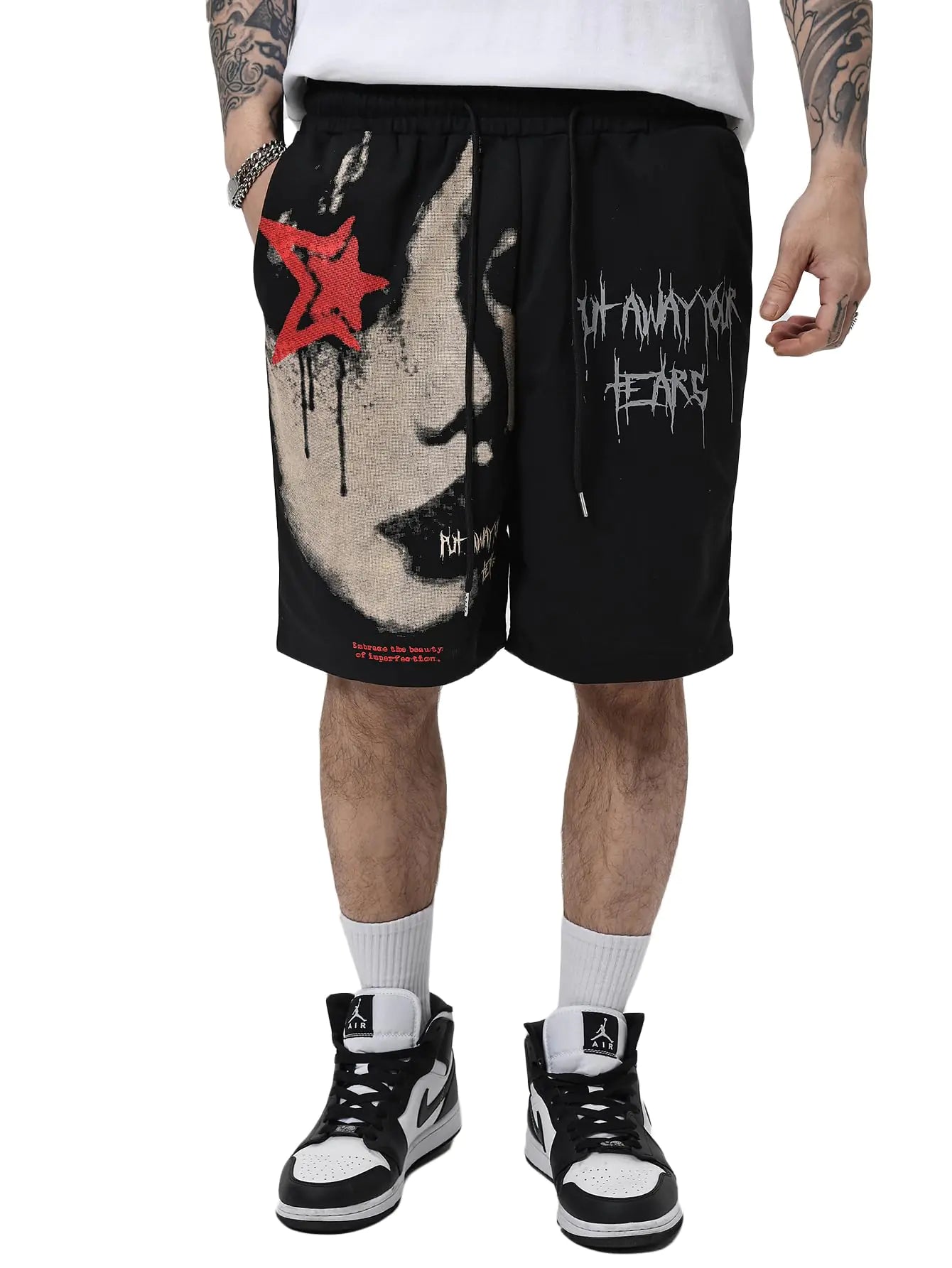 Graphic Shorts Drawstring Elastic Waist Shorts with Pockets Y2K Streetwear Black Graphic
