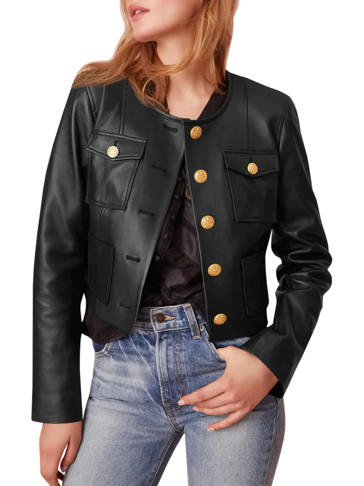 Tankaneo Womens Faux Leather Jackets Cropped Casual Motorcycle Biker Button Down Coat with Chest Pocktes