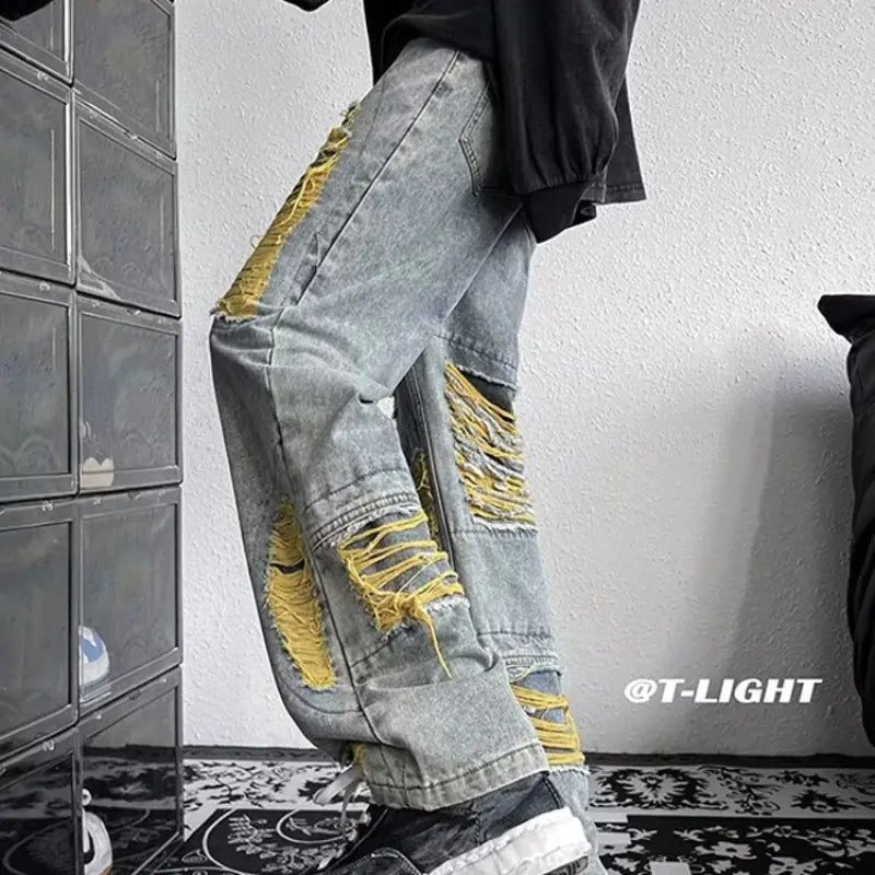 Embroidered Ripped Denim Pants