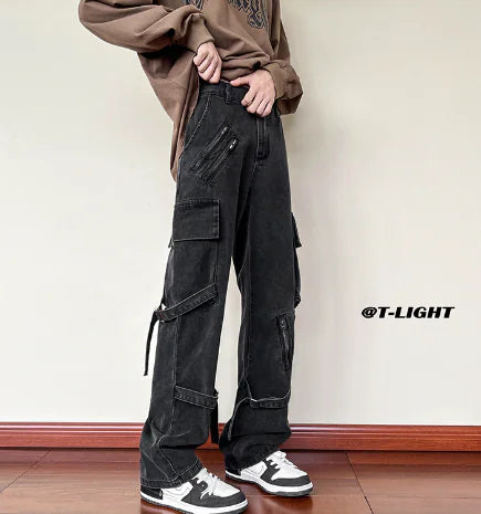 Street Trend Zipper Stitching Loose Straight Trousers