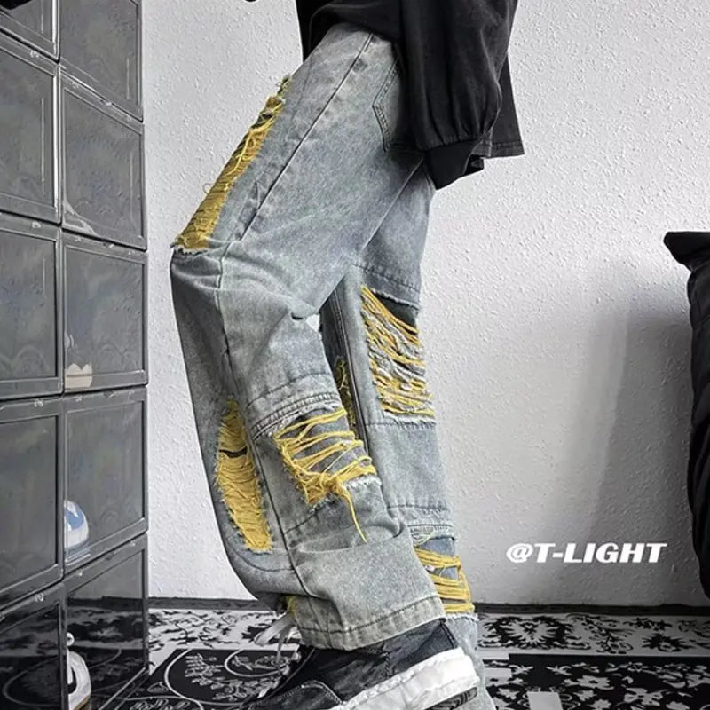 Embroidered Ripped Denim Pants