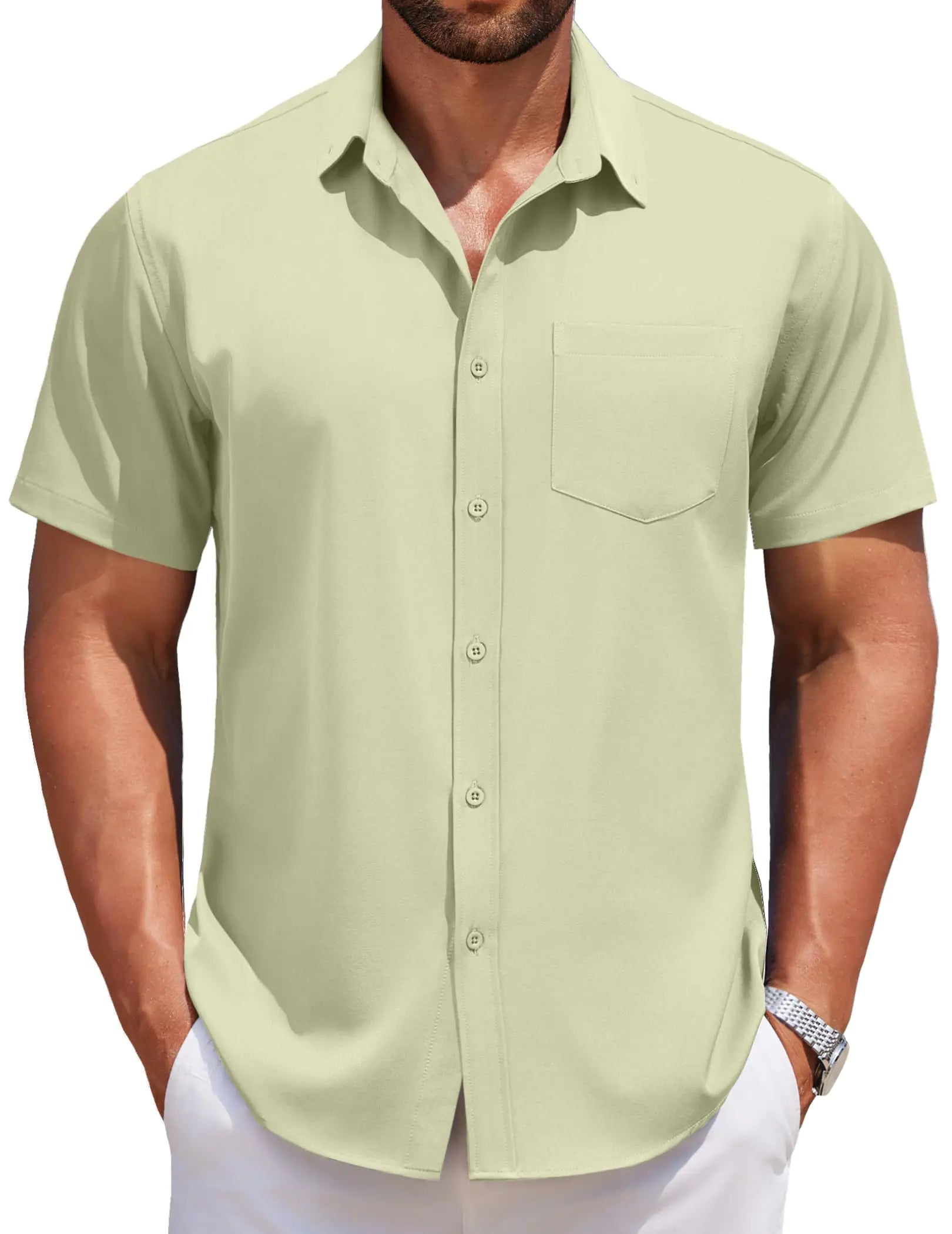 Short Sleeve Button Down Dress Shirts Untucked Wrinkle Free Shirts Green