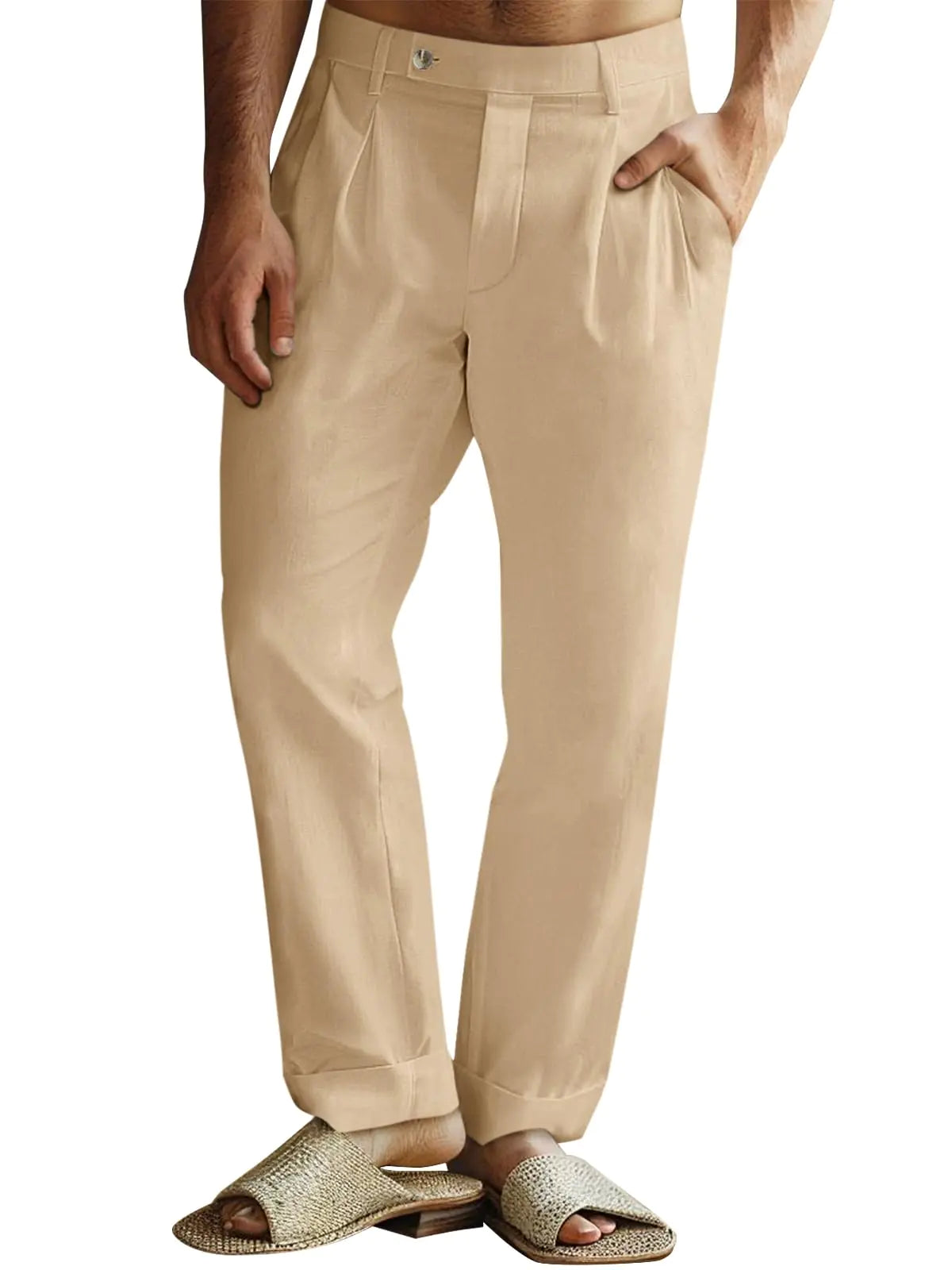 Runcati Mens Casual Linen Pants Pleated Elastic Waist Lightweight Cotton Trousers Summer Beach Yoga Pants with Pockets Apricot