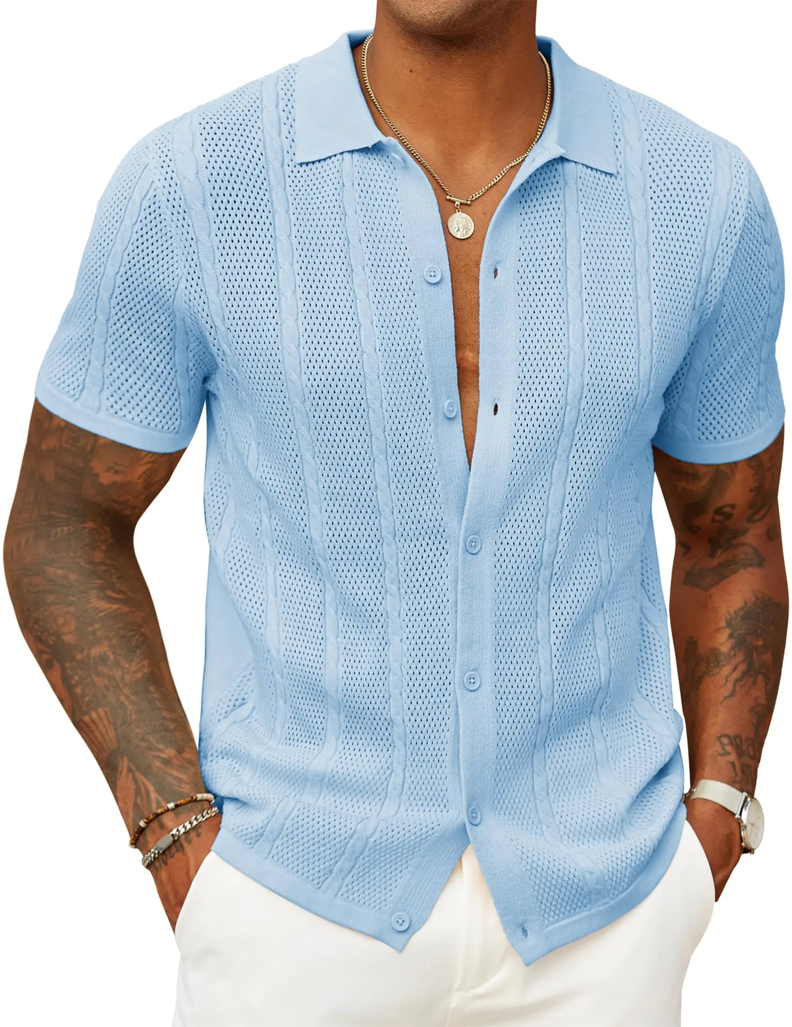 COOFANDY Camicia da spiaggia estiva da uomo, lavorata a maglia all'uncinetto, con bottoni, a maniche corte, stile retrò, leggera, stile hawaiano, abbigliamento da resort, 2025, azzurro