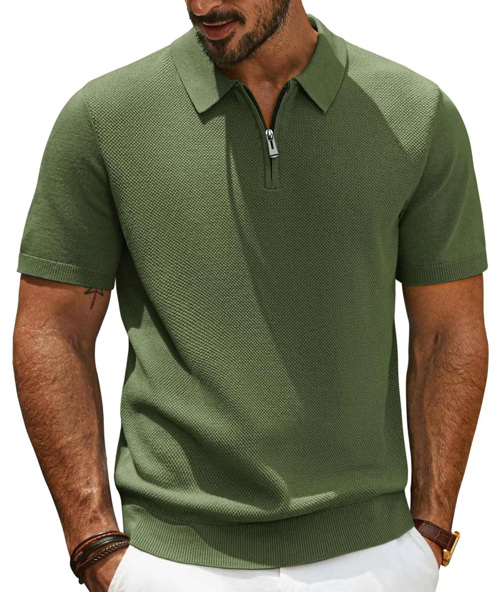 PAUL JONES Polo Shirts Short Sleeve Textured Knit Shirt Italian Zipper for  Army Green Shirt