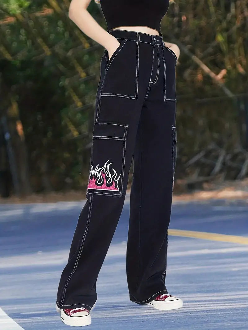 Y2K High Waist Denim Jeans with Fire Print, Loose Fit