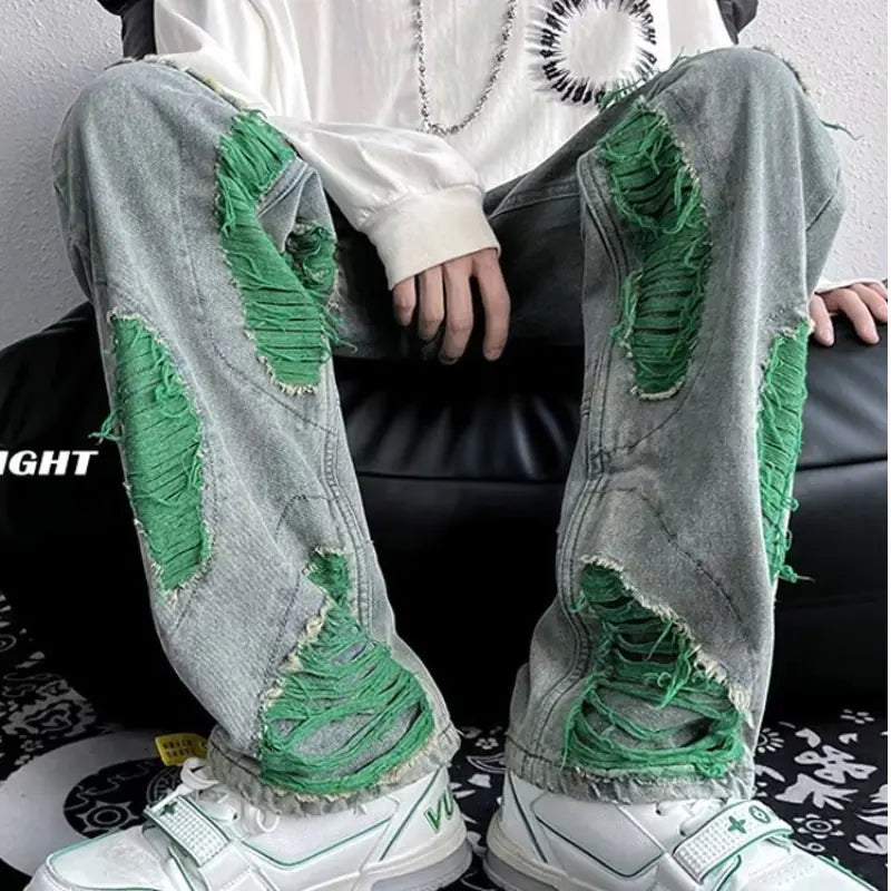 Embroidered Ripped Denim Pants