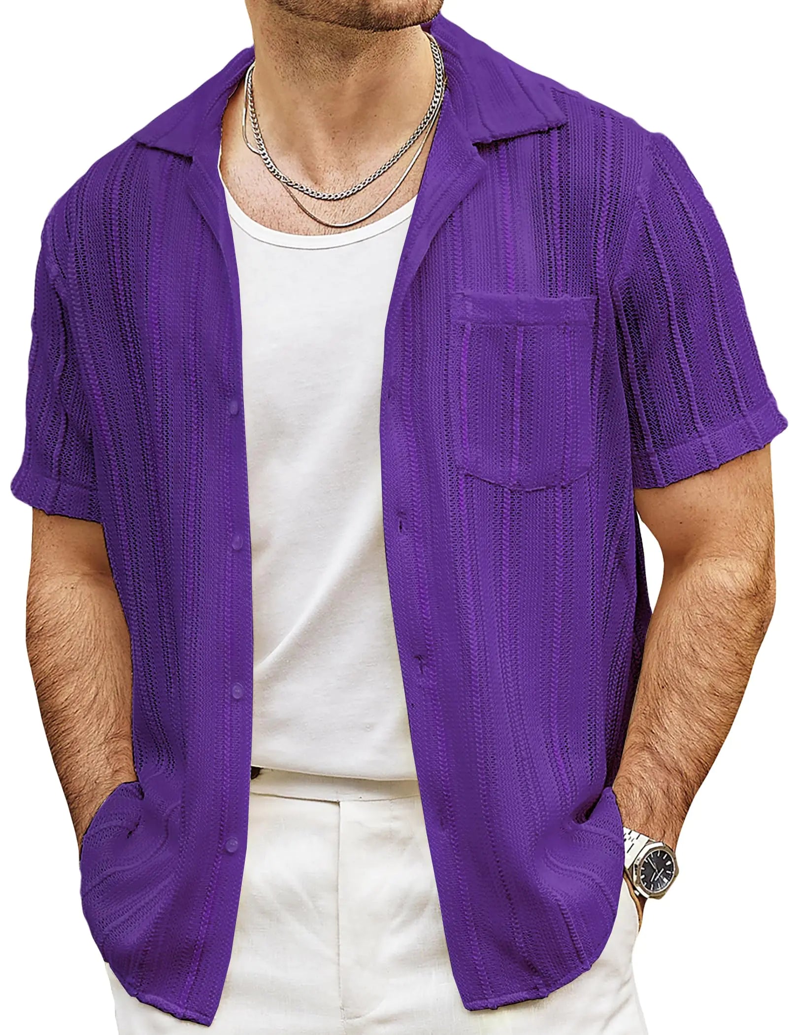 Lace Shirts See Through Sheer Shirts Short Sleeve Button Down Shirts Purple