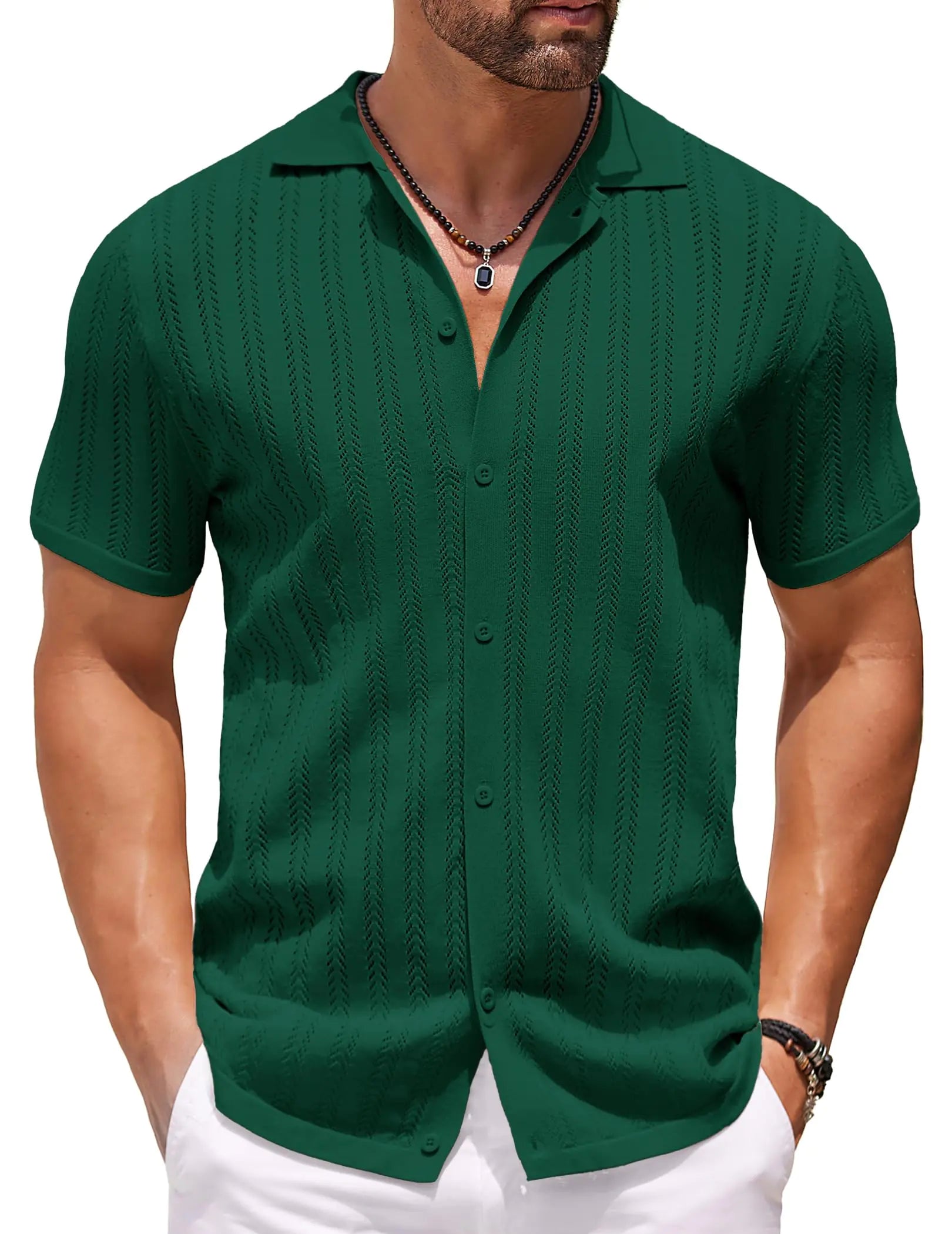 Knit Polo Button Down Shirts Casual Short Sleeve Shirt Collared Slim Fit Tops Green