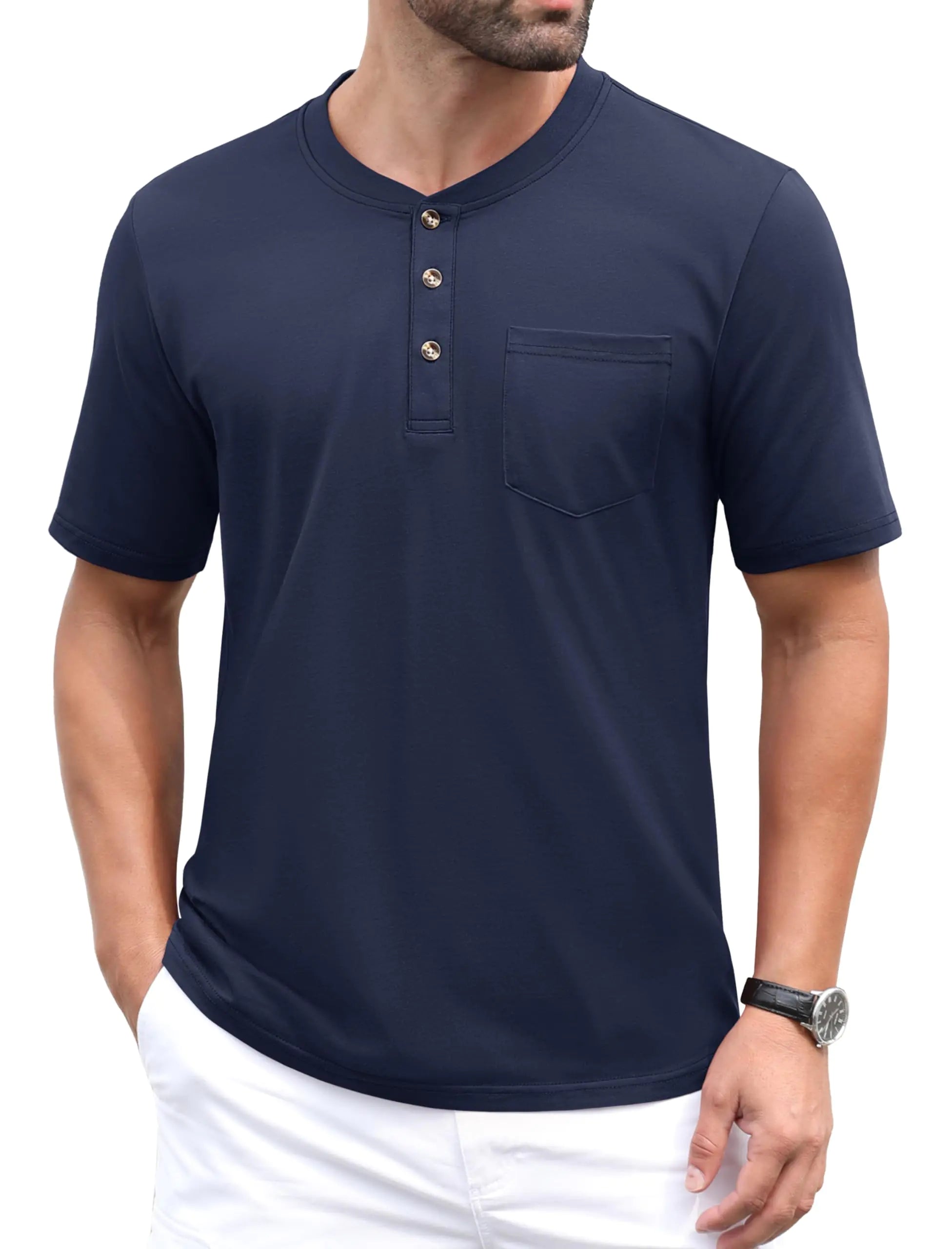 Pocket T Shirt Short Sleeve Henley Shirts Vintage shirts Navy Blue