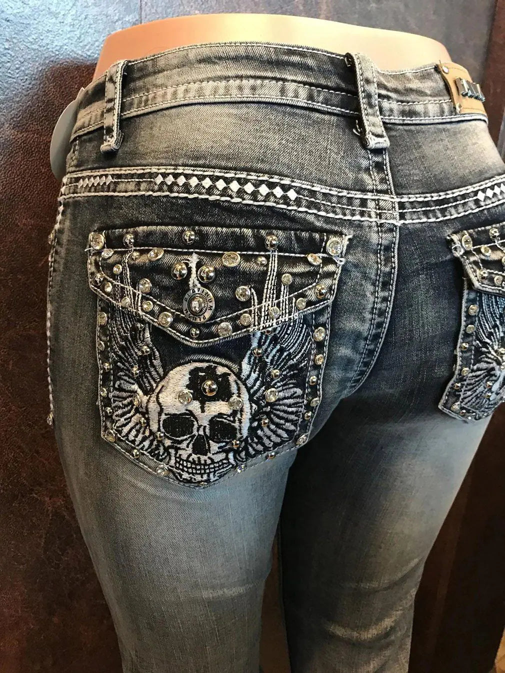 Retro Embroidered Skull Skinny Denim Trousers