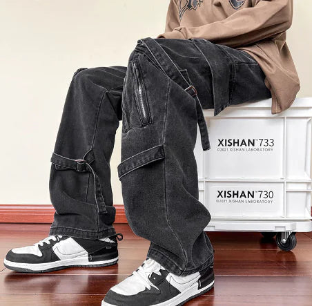 Street Trend Zipper Stitching Loose Straight Trousers