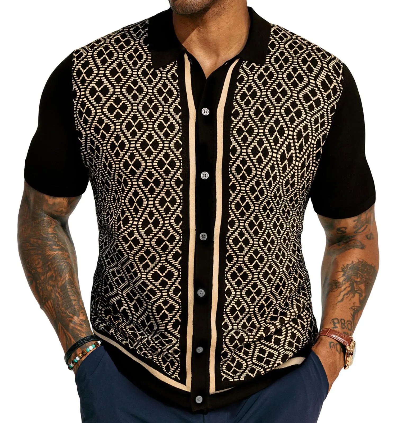 PAUL JONES Mens Knitted Polo Shirt Button Down Knitwear Contrast Knitted Polo  Black Gold Shirts