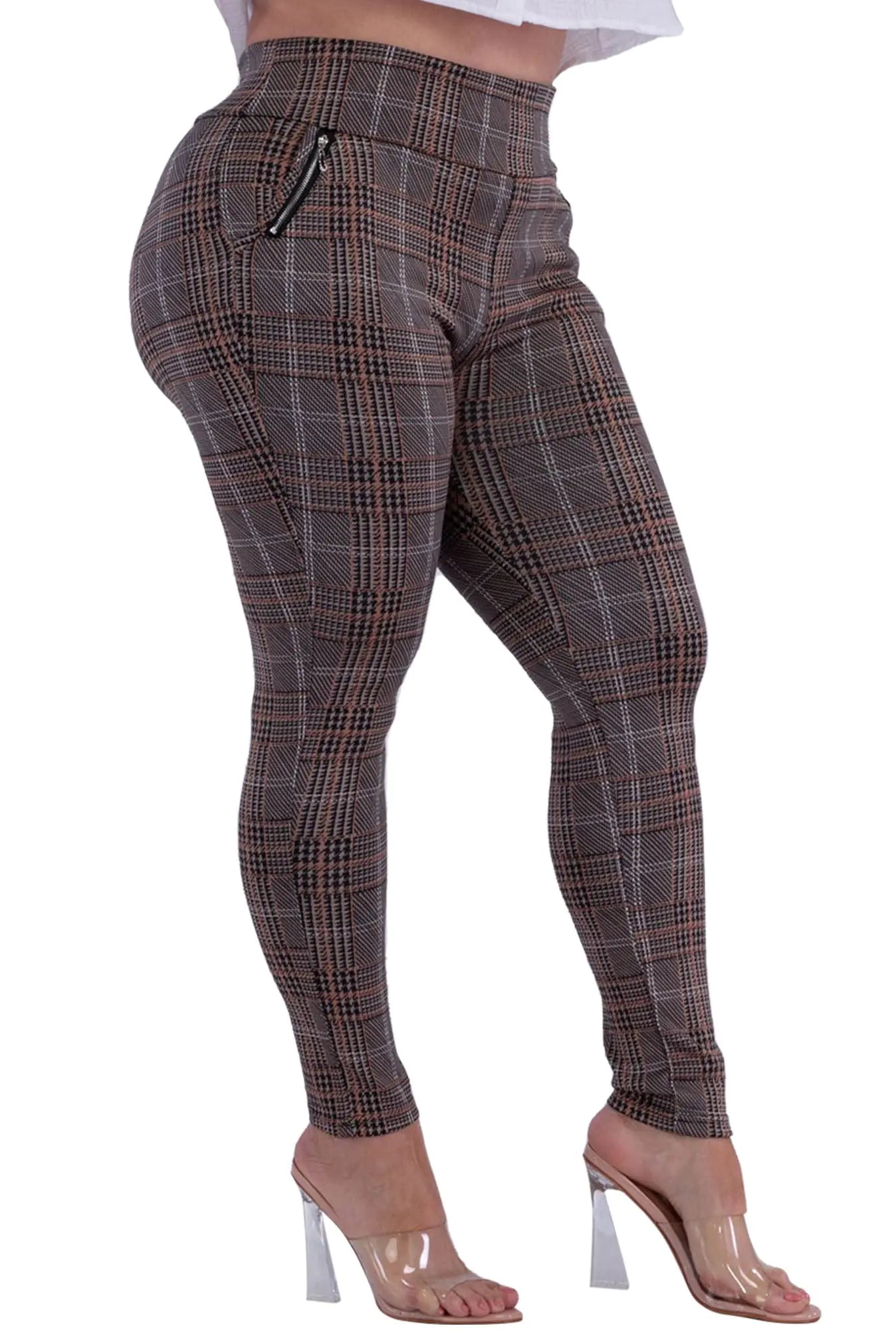 Womens Plus Size High Waist Skinny Pants Pull-On Trousers Stretchy Office Pants with Tummy Control Butt Lifting and Zipper Pockets Plaid Print Khaki/Black 2X