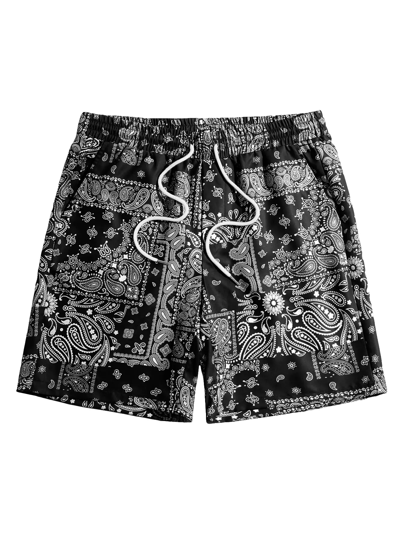 Paisley Bandana Drawstring Waist Shorts  Black Boho