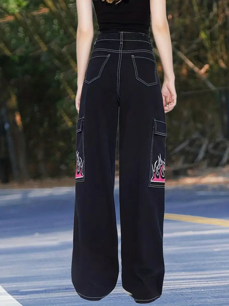 Y2K High Waist Denim Jeans with Fire Print, Loose Fit