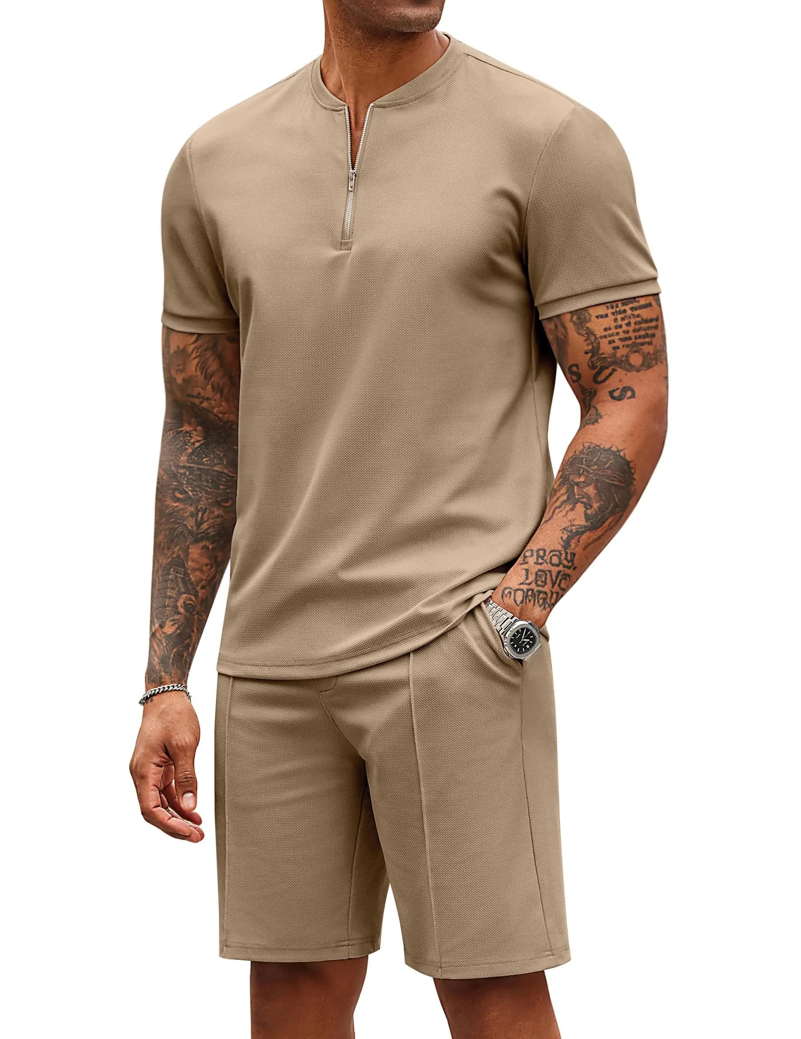 2 Pieces Outfits Quarter Zip Polo T Shirt and Shorts Set Suit