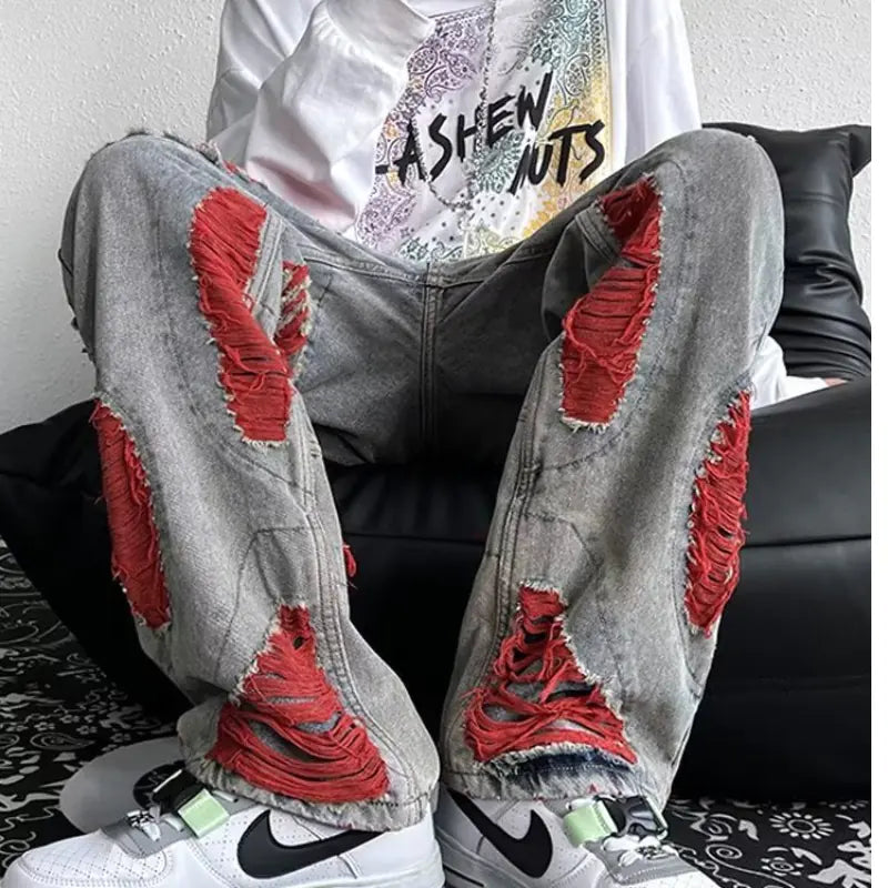 Embroidered Ripped Denim Pants