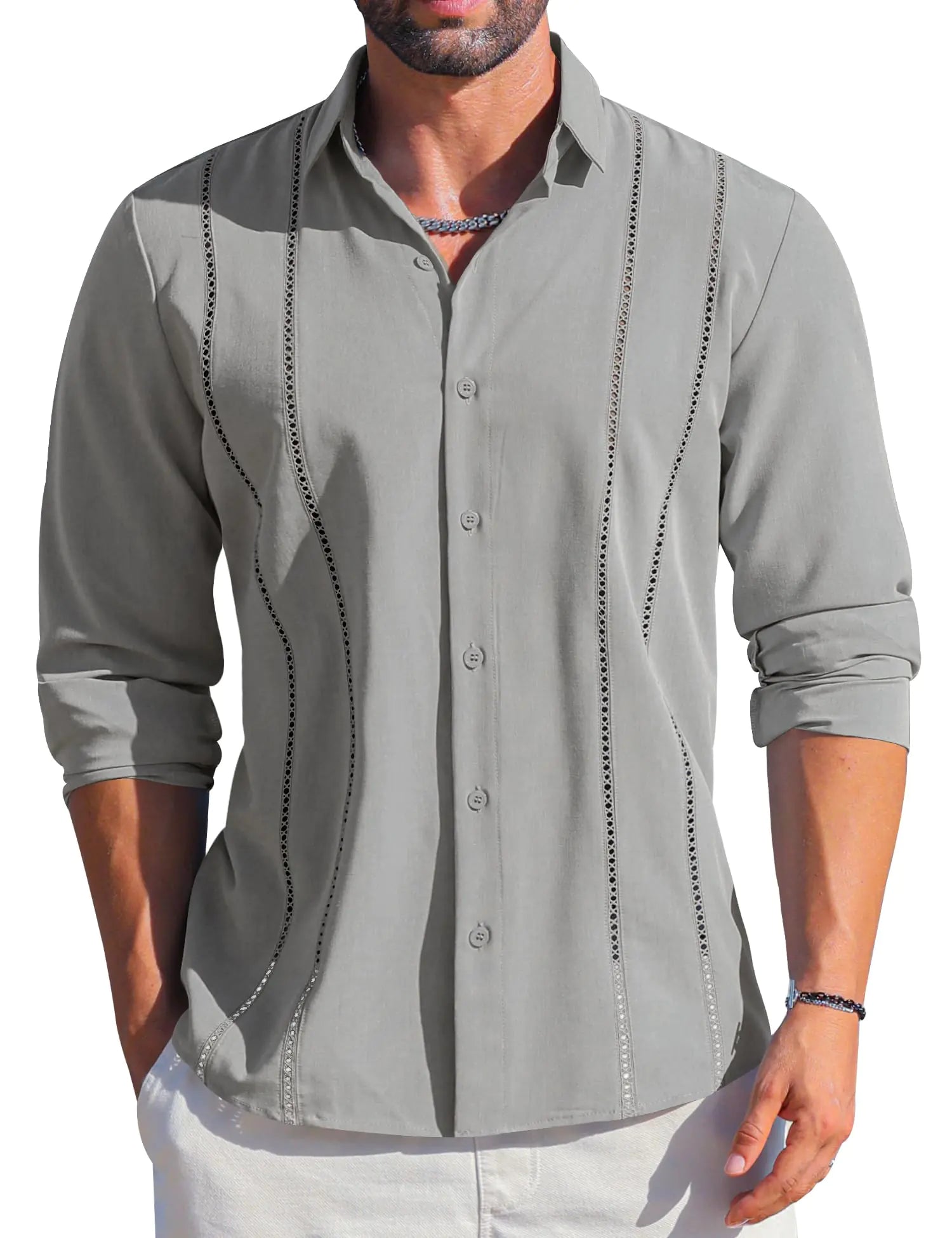 LETSEE Camicia da uomo cubana Guayabera a maniche lunghe con bottoni, estiva, in lino, per uomo, grigio chiaro, taglia piccola