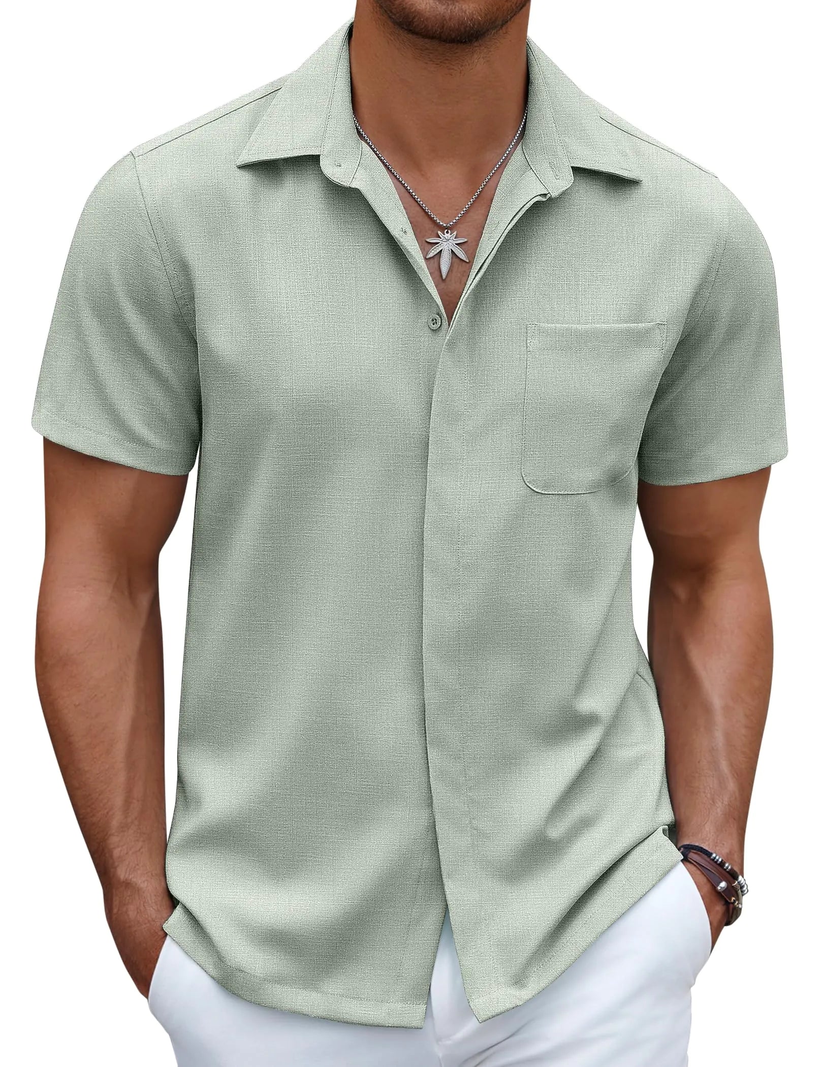 Linen Texture Shirt Short Sleeve Untucked Dress Shirts Summer Vacation Shirts Light Green