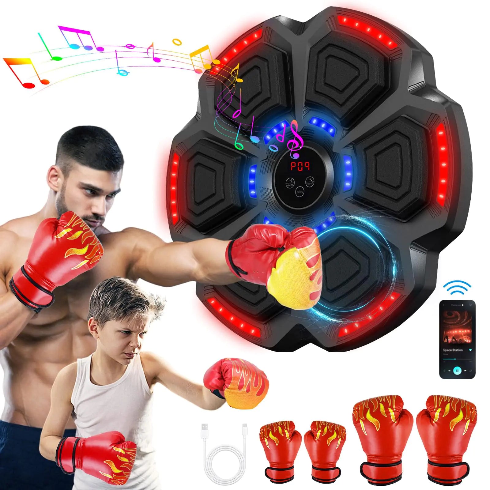 Voraiya Smart Music Boxing Machine with 2 Pairs of Gloves for Adults and Kids 2025 Bluetooth Boxing Machine Wall Mounted Music Trainer Electronic Boxing Music Workout Machine for Home/Gym (Black)
