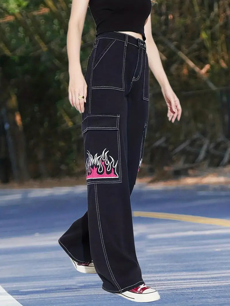 Y2K High Waist Denim Jeans with Fire Print, Loose Fit