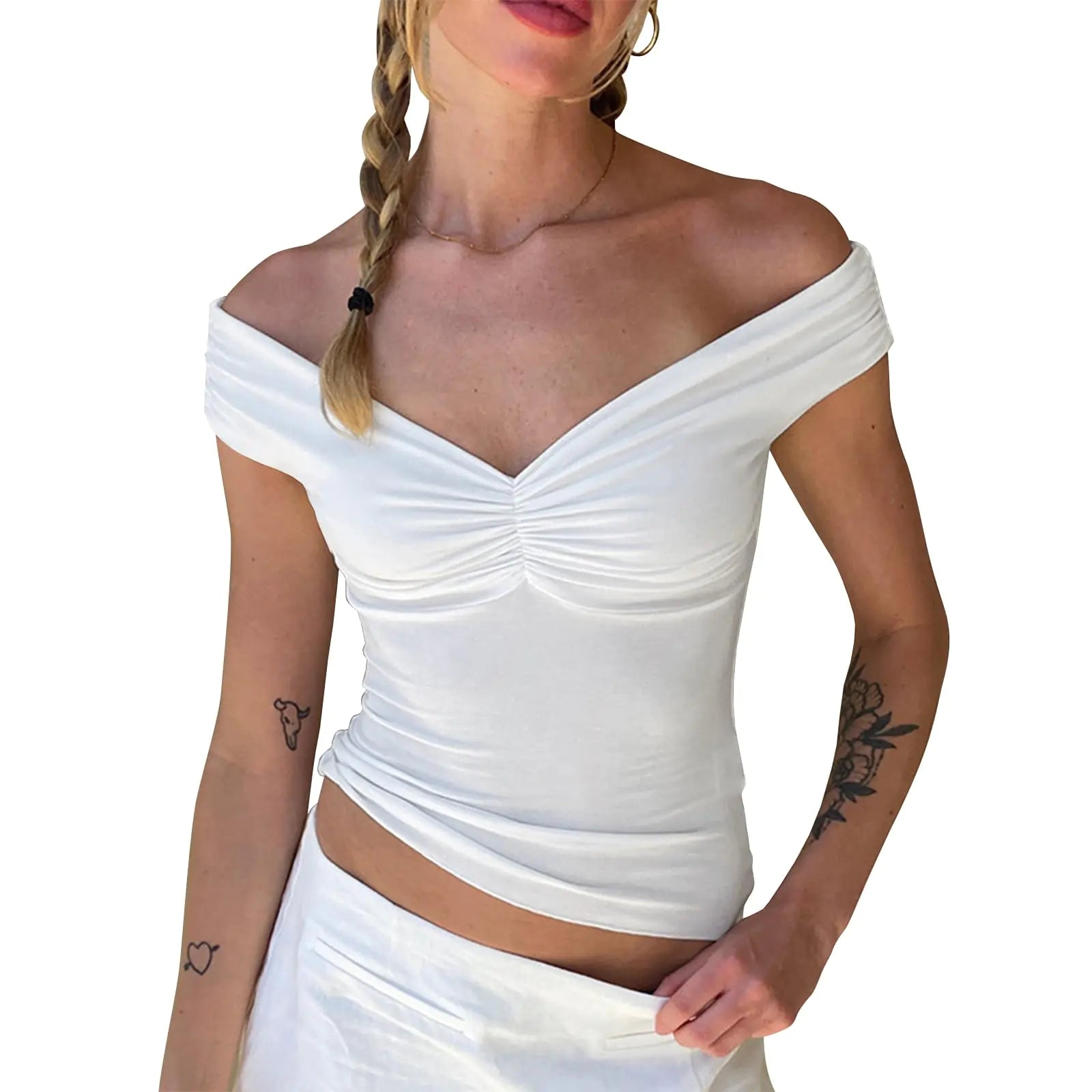 Off The Shoulder Top Summer Trendy Going Out Crop Tops Y2K Sleeveless V Neck Slim Fit Bustier T Shirt White S