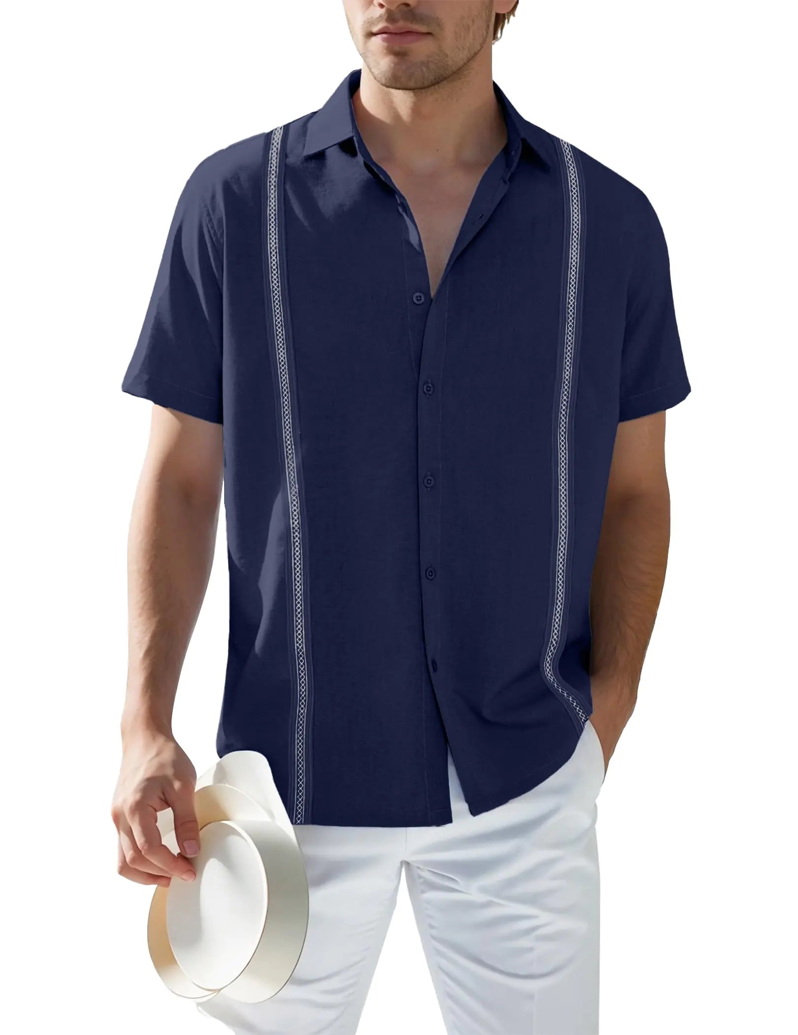 Embroidered Cuban Linen Shirts Short Sleeve Button Down Cotton Tops Navy Blue