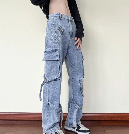 Street Trend Zipper Stitching Loose Straight Trousers