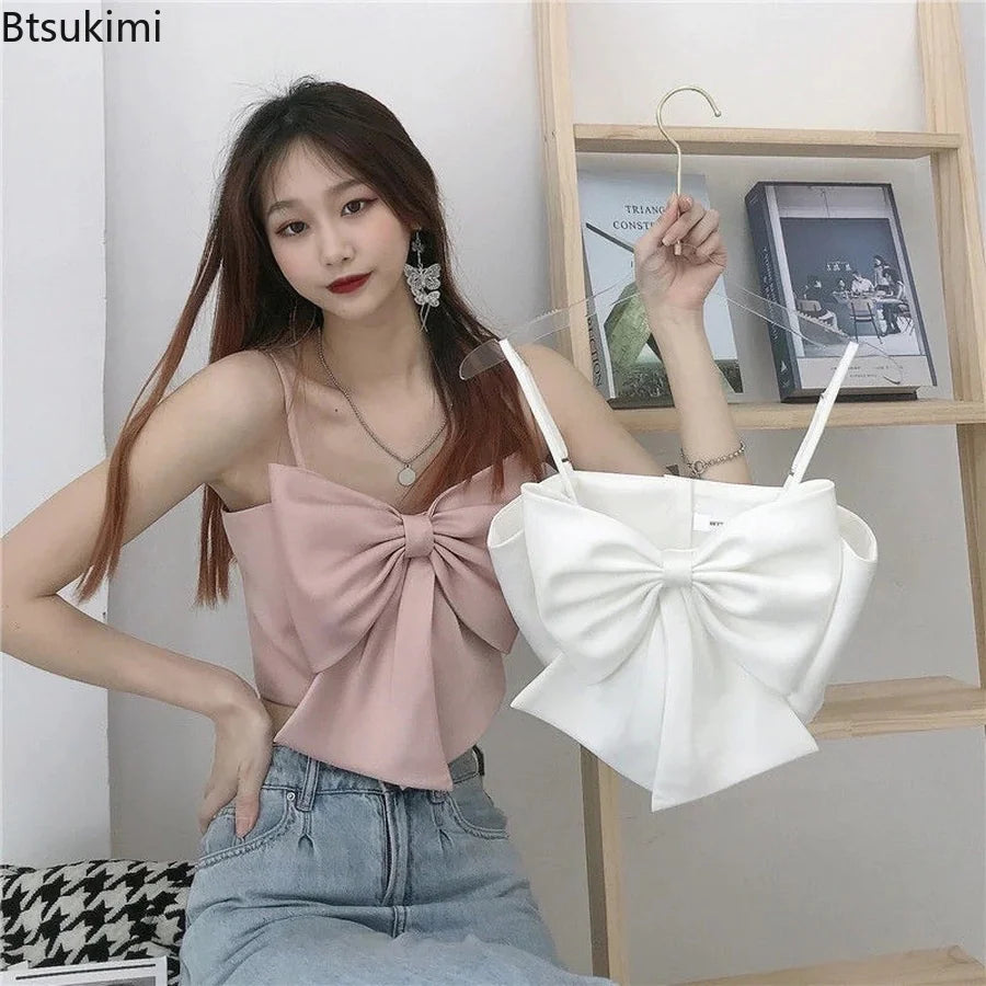 Cute Y2K Slim Backless Strap Top with Bowknot