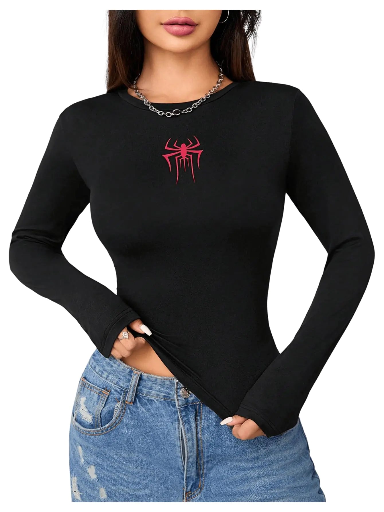 SweatyRocks Womens Y2k Graphic Ribbed Knit Crop Top Tee Long Sleeve Colorblock Patchwork Round Neck T Shirt L Black