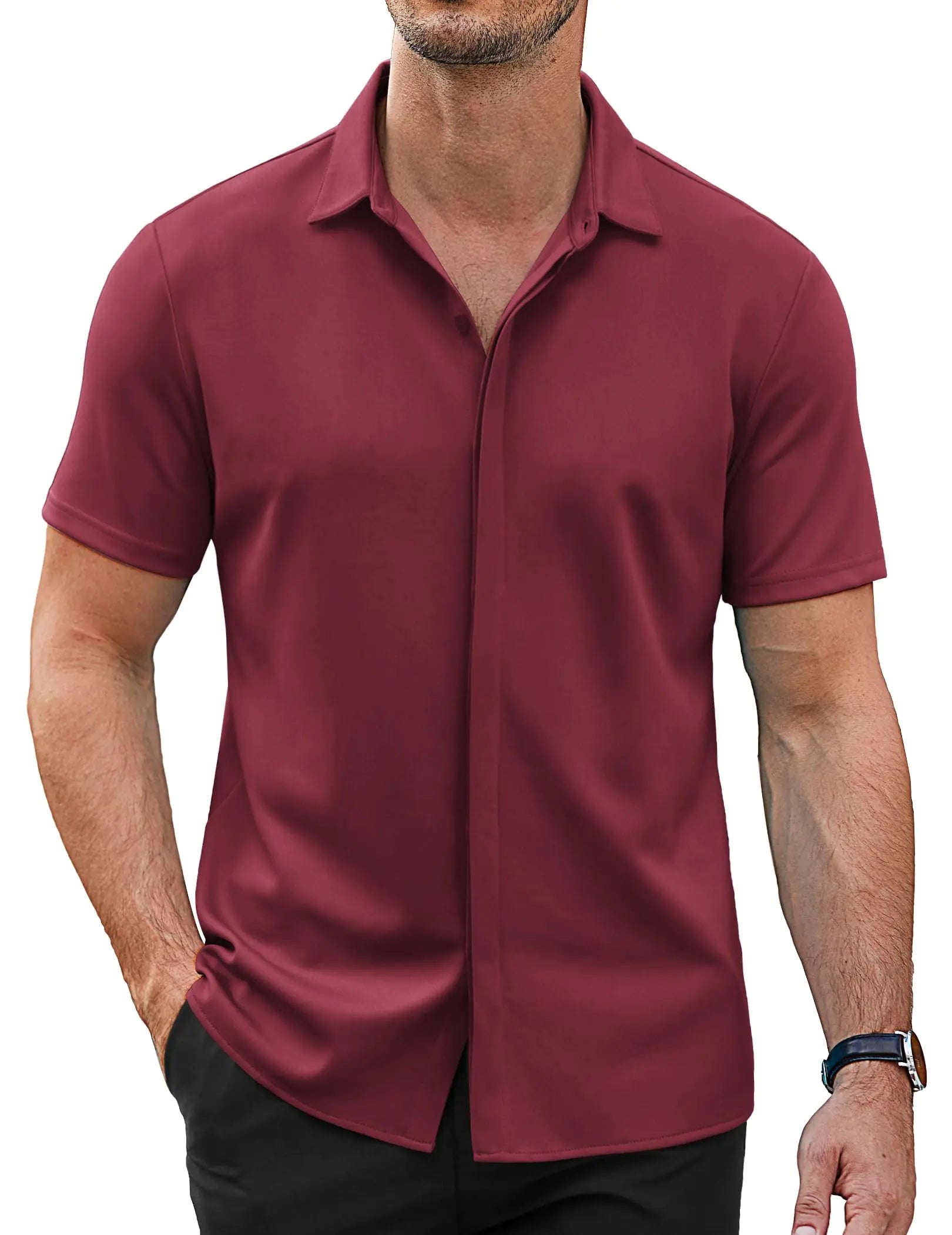 Shirts Short Sleeve Muscle Fit Shirts Summer Button Down Shirts Wine Red