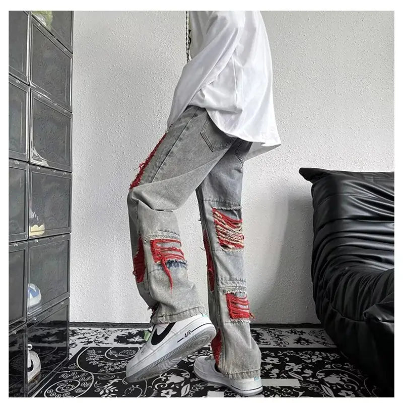 Embroidered Ripped Denim Pants