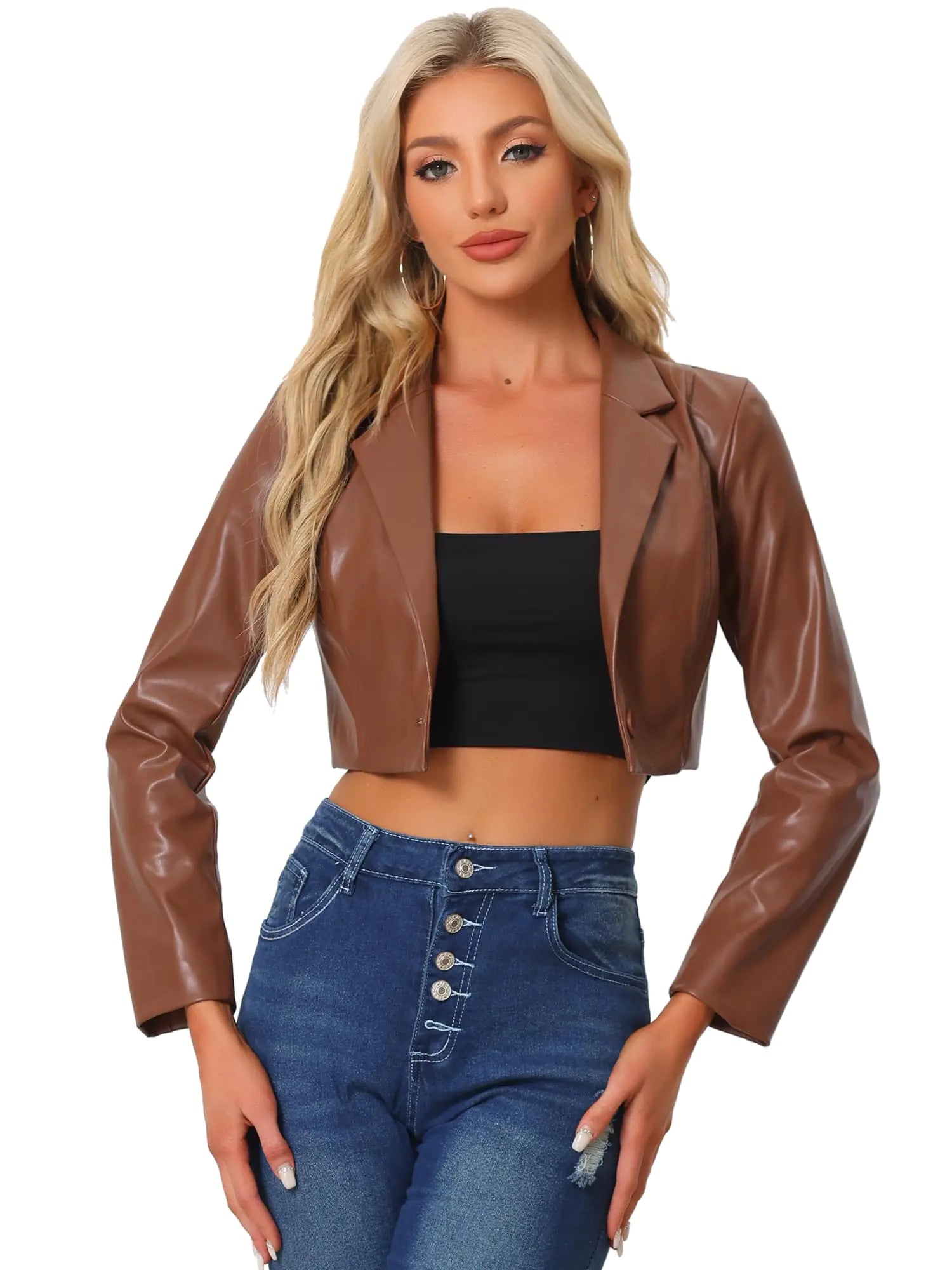 Allegra K Cropped Leather Jacket for Womens PU Casual Moto Jackets X-Small Brown
