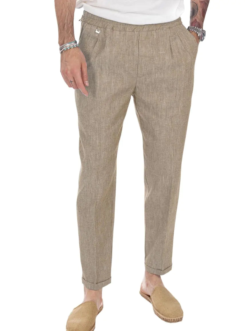 Linenl Elastic Waist Trousers Lightweight  Khaki