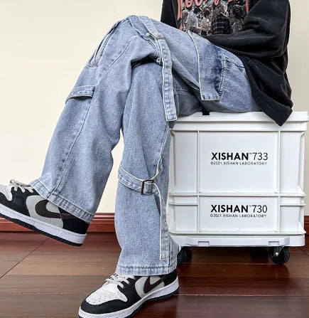 Street Trend Zipper Stitching Loose Straight Trousers