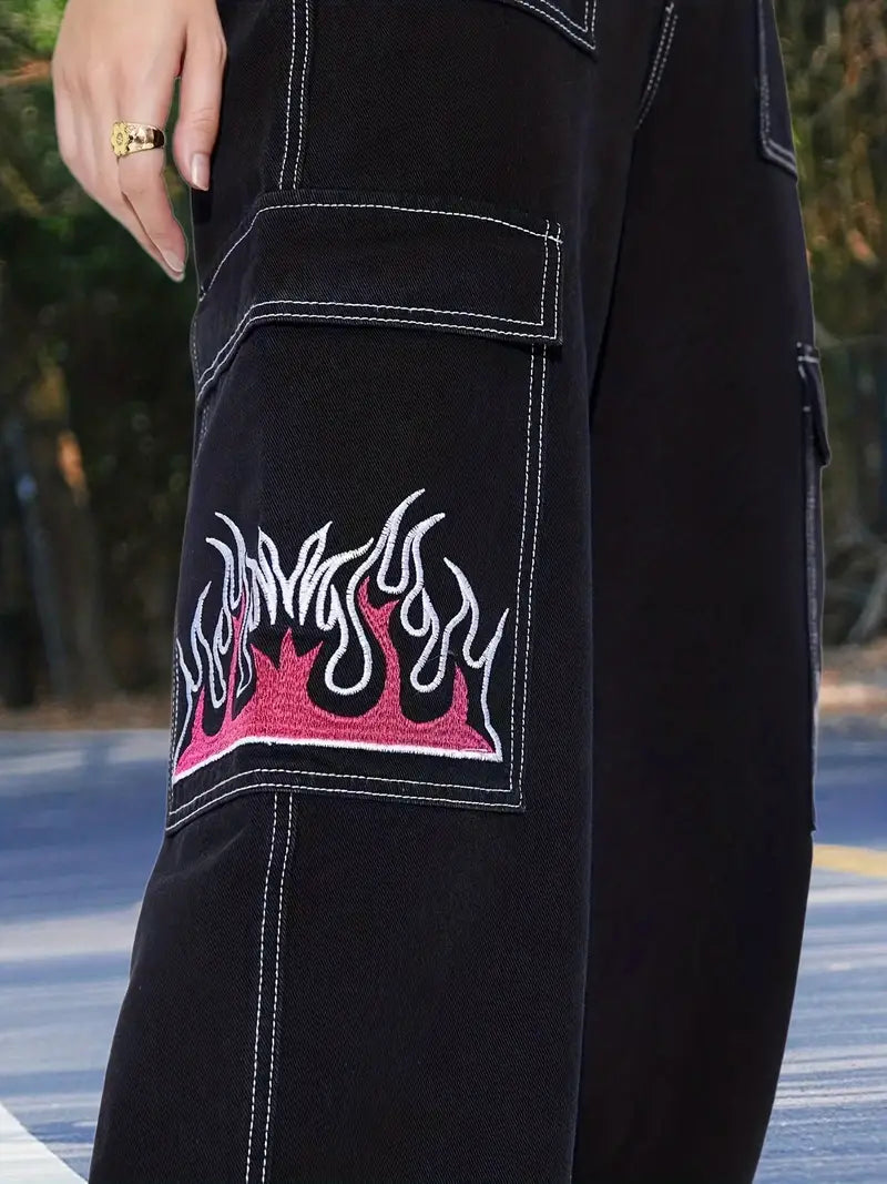 Y2K High Waist Denim Jeans with Fire Print, Loose Fit