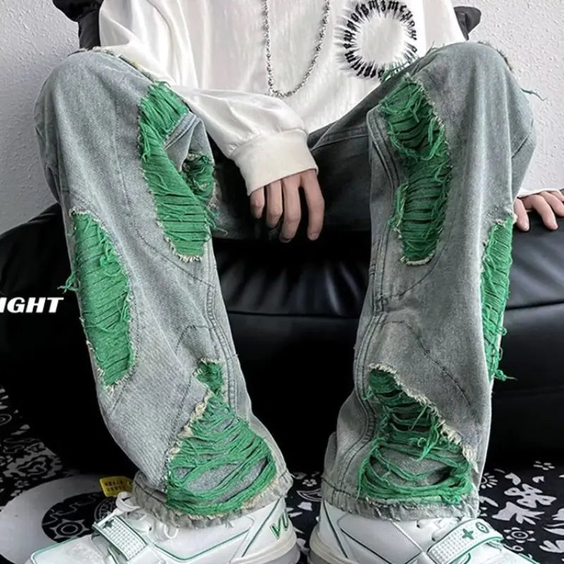 Embroidered Ripped Denim Pants