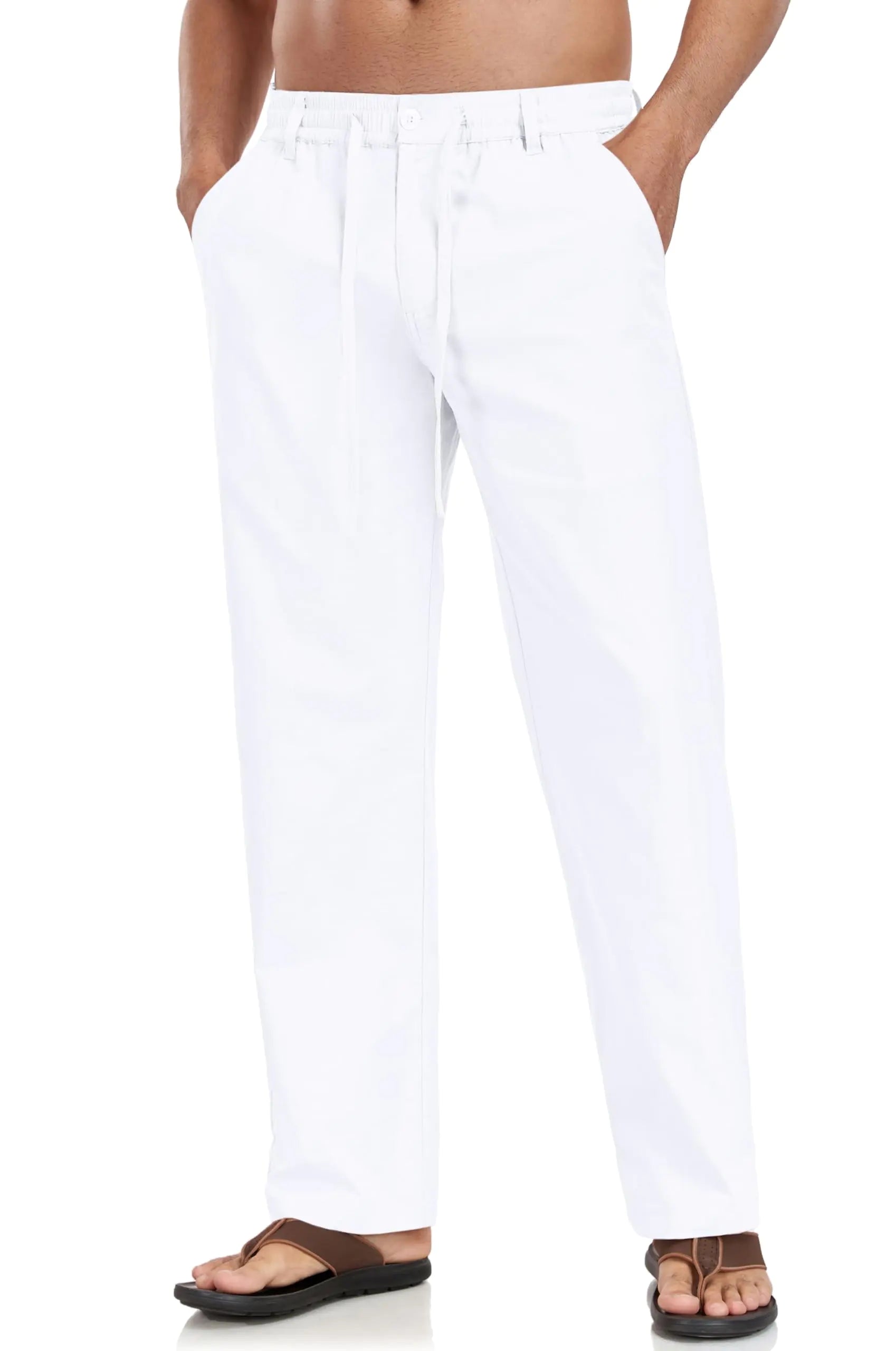 Boisouey Mens Casual Linen Pants Loose Fit Elastic Waist Drawstring Beach Summer Yoga Trousers White M