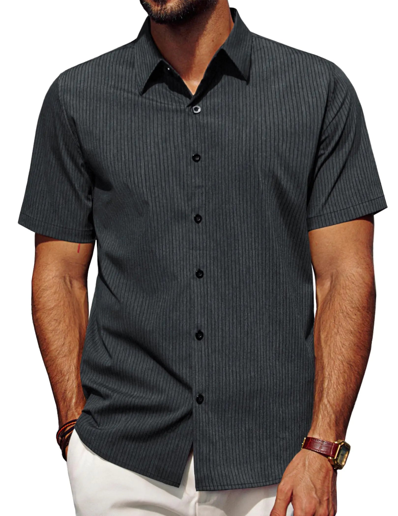 Mens Short Sleeve Cardigan Shirt Stretch Collared Dress Shirt Dark Gray