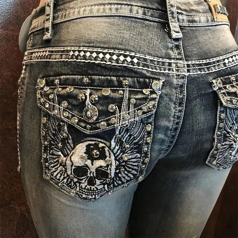 Retro Embroidered Skull Skinny Denim Trousers