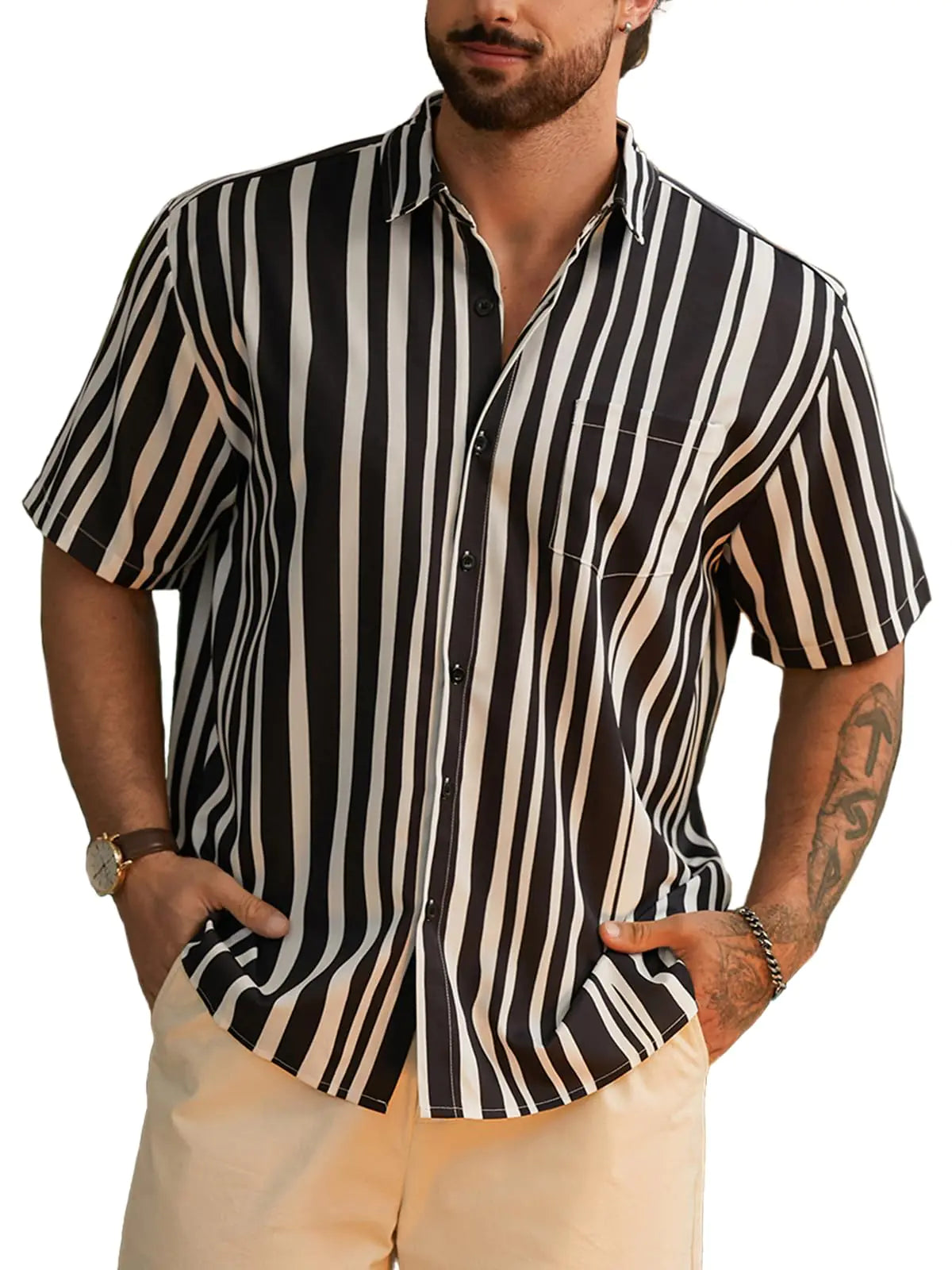Hardaddy Striped Short Sleeve Button Down  Hawaiian Shirts White 3XL