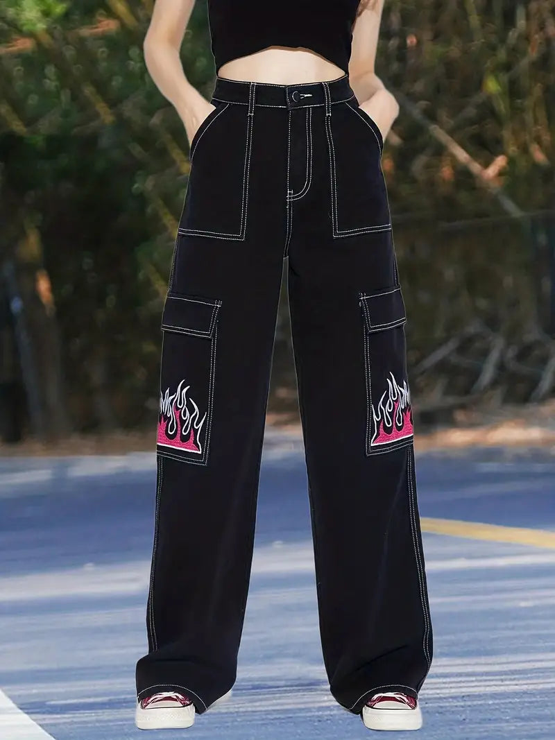 Y2K High Waist Denim Jeans with Fire Print, Loose Fit