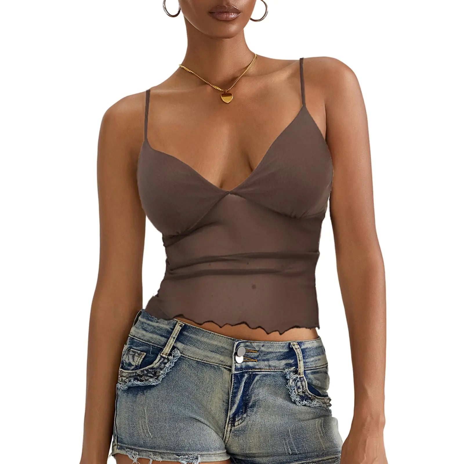 Y2k Sexy Cami Top Spaghetti Strap Lace Trim Sheer Mesh See Through Sleeveless Crop Tops Going Out Tank T Shirt