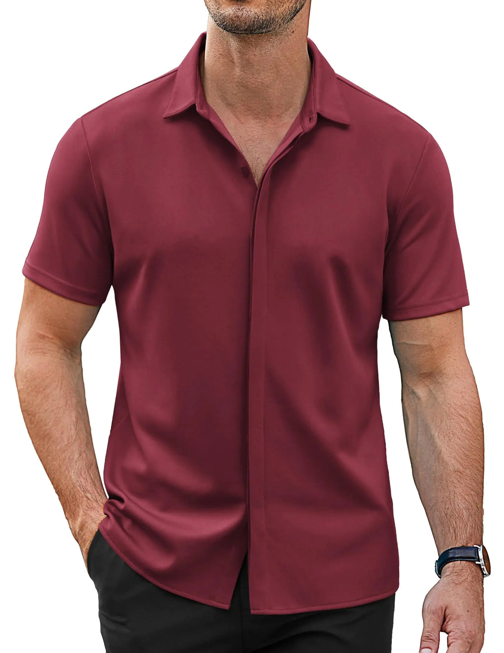 Shirts Short Sleeve Muscle Fit Shirts Summer Button Down Shirts Wine Red